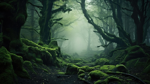 Magic deep forest with moss and fog