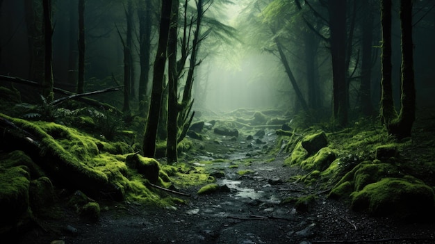 Magic deep forest with moss and fog