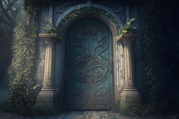 Волшебная дверь, дверь в ветку фантастического измерения и листовая дверь, цифровая иллюстрация AI