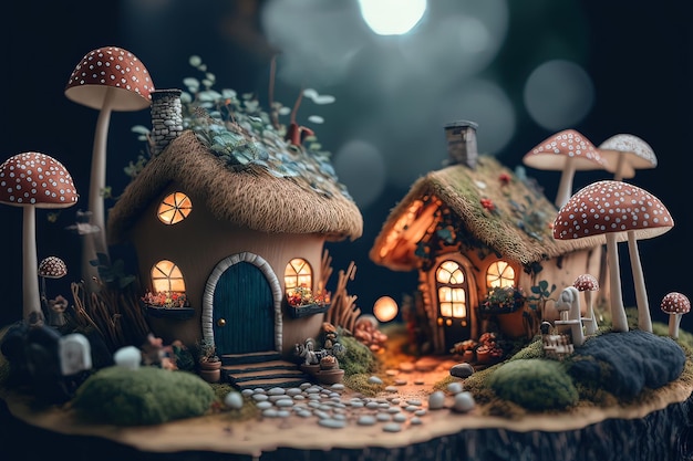 Волшебные эльфийские домики со сказочными грибами и цветами сказочная страна обои для печати красивая живопись AI генеративный