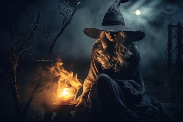 Magic enchanted witch woman evil fairy happy halloween spooky night background