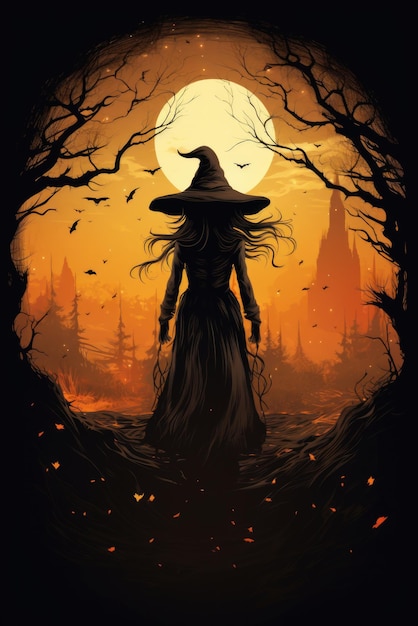 魔法の魔法の魔女の女性邪悪な妖精ハッピーハロウィーンの不気味な夜の背景