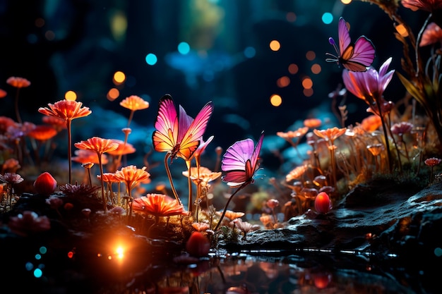 Photo magic fairy flowers with butterfly and butterfly magic background with magic light fantasy butterfly