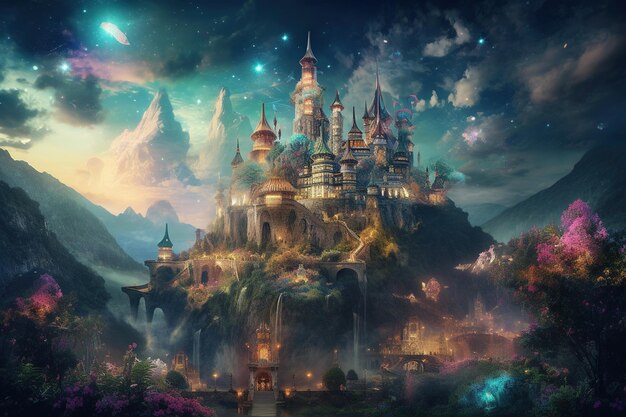 Magic Fairy Tale Castle in the mountains Fantasy landscape Digital painting