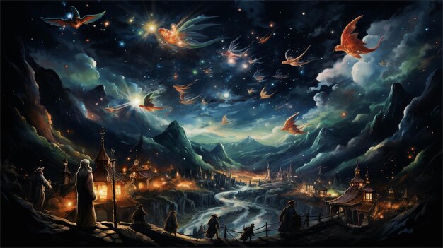 Foto paesaggio di favola magica con illustrazione di castello, luna e stelle