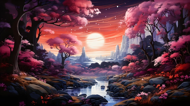 Magic Fairy Tale Landscape with Castle Pond and Moon landscape with fantasy trees river