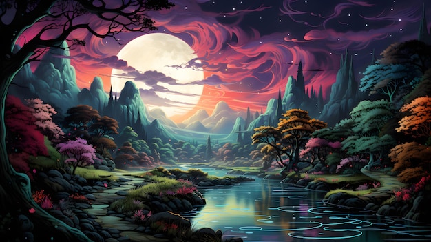 Magic Fairy Tale Landscape with Castle Pond and Moon landscape with fantasy trees river