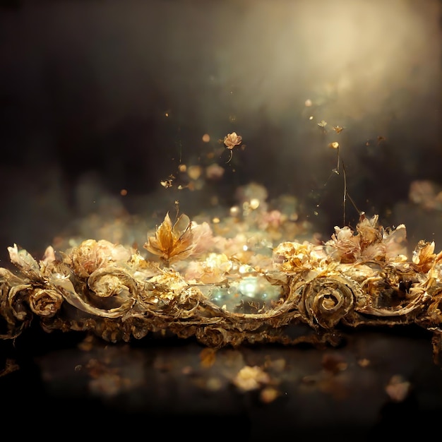 Magic fairy tale luxury background with golden flowers pollen light effects 3D illustration Ai render