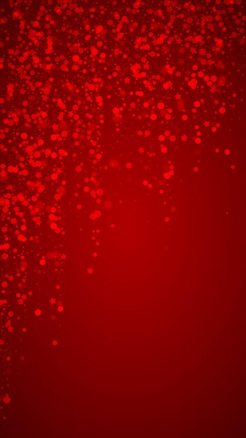 Magic falling snow christmas background Subtle flying snow flakes and stars on christmas red background Magic falling snow holiday scenery Vertical vector illustration