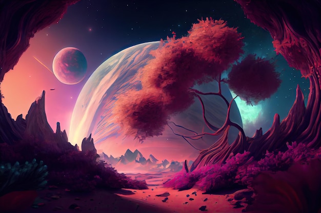 Magic fantasy purple colorful nature background with space sky moon and planets generative ai