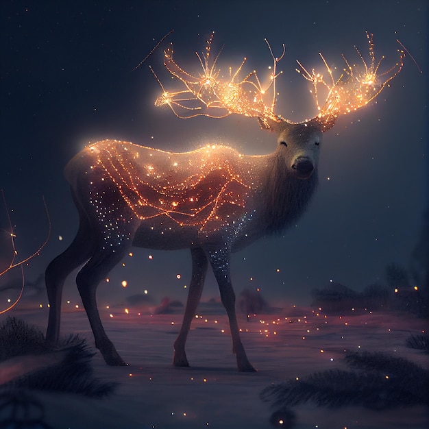 A magic festive reindeer covered in glowing lights in Generative Ai