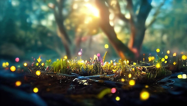Волшебные светлячки летают в сказочном лесу.