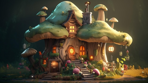 Magic forest village landscape with little houses Flower and mushroom fantasy homes for gnomes