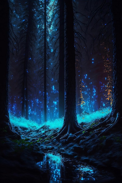 A magic forest with bioluminescent tree digital art