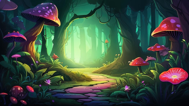 Magic forest with giant fly agaric mushrooms landscape illustration in cartoon style scenery background for game backdrop