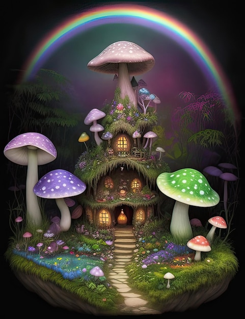 Magic forest with mushrooms and magic book Fantasy landscape 3D illustration