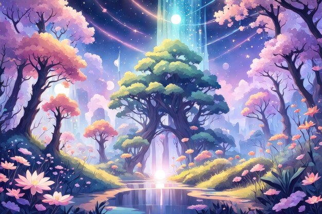 A magic forest with twinkling stars in the sky in cartoon style and pastel tone