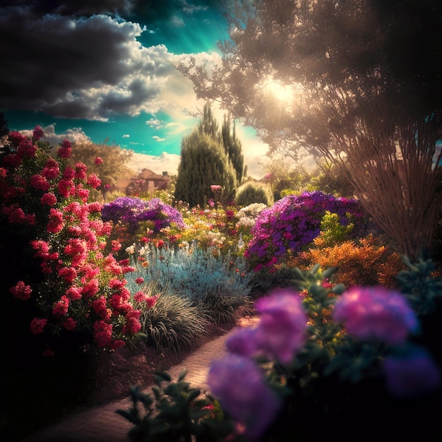 Magic garden in sunlight beautiful flowers Beauty in nature Beautiful garden in realistic style