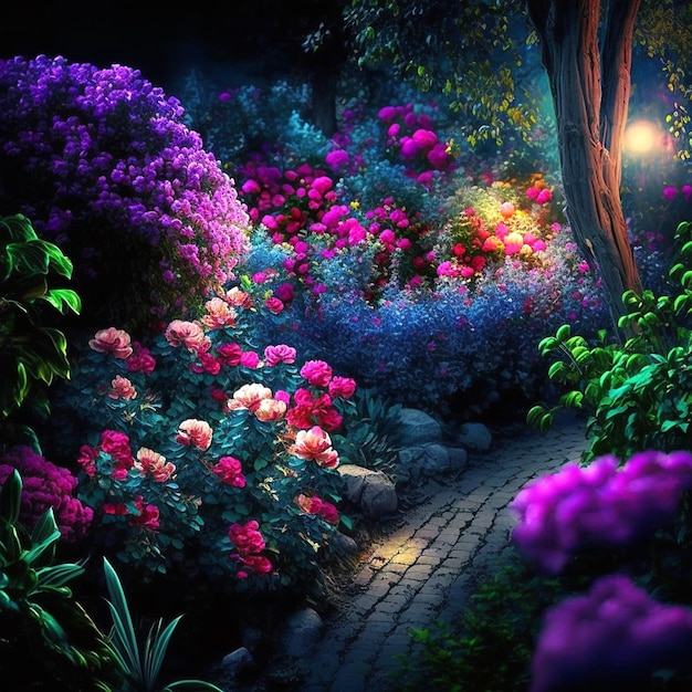 Foto giardino magico alla luce del sole bellissimi fiori bellezza nella natura bellissimo giardino in stile realistico