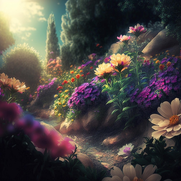 Magic garden in sunlight beautiful flowers Beauty in nature Beautiful garden in realistic style