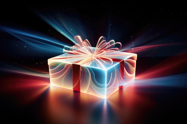 写真 新年とクリスマスのためのスパークルとボケの明るい背景のマジックギフトボックス