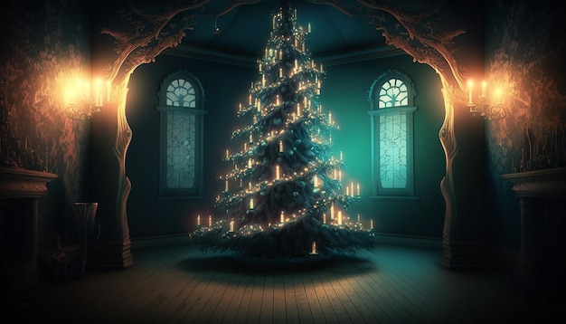 Magic glowing Christmas tree, interior background, Generative ai