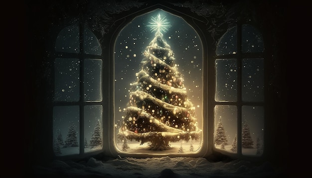 Magic glowing Christmas tree, interior background, Generative ai