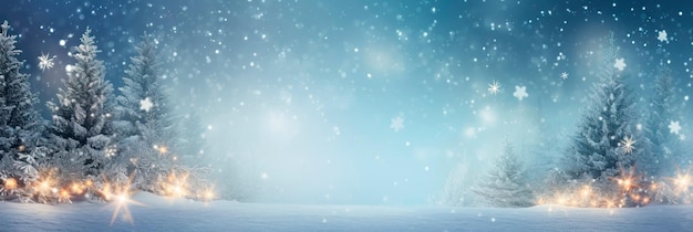 Magic Glowing Lights In Background And Snowflakes Christmas Tree With Snow