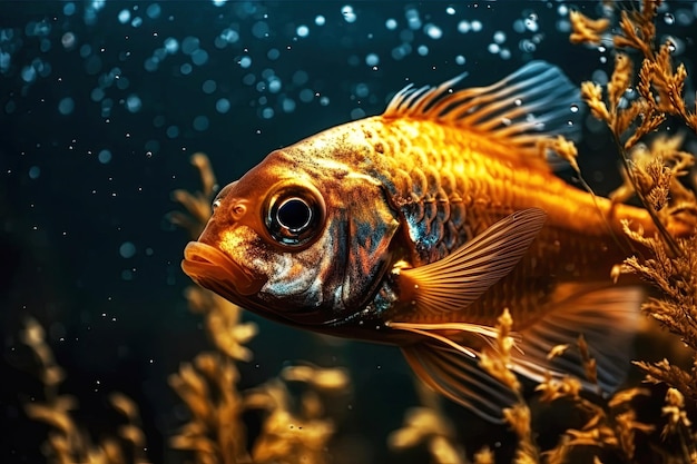 Волшебная золотая рыбка, выделенная на темно-синем фоне Генеративная иллюстрация AI