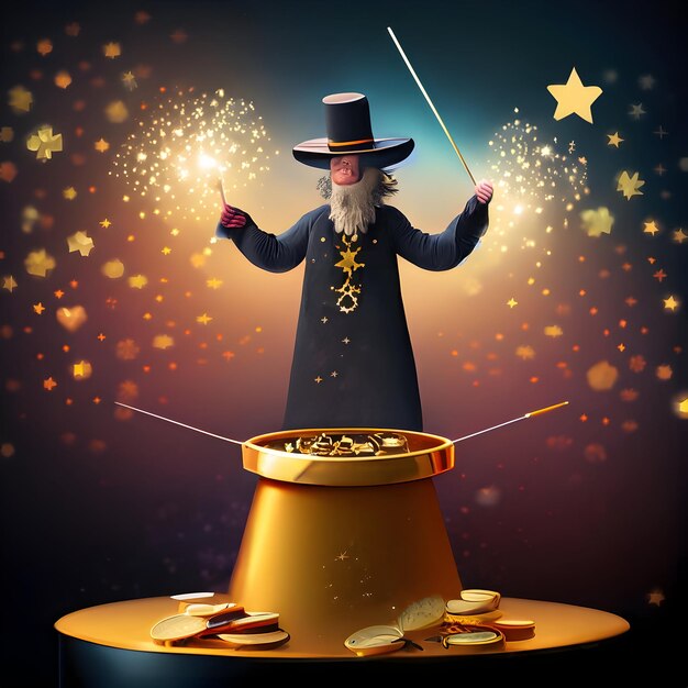 Photo magic hat with magic wand illusion concept background