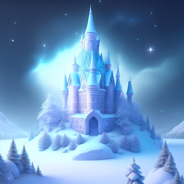 Magic Ice Castle met sneeuw Fantasy besneeuwd landschap Winter kasteel op de berg winter bos