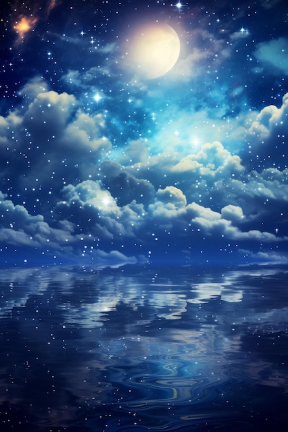 星空の背景に夜に魔法の湖
