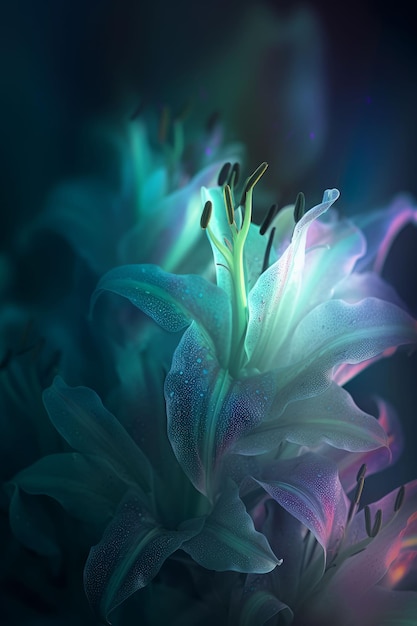 Magic lily flower colorful spectrum in the dark like a dream Created with Generative AI technology