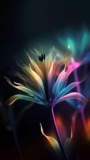 写真 夢のような暗闇の中で魔法のユリの花のカラフルなスペクトル生成 ai テクノロジーで作成