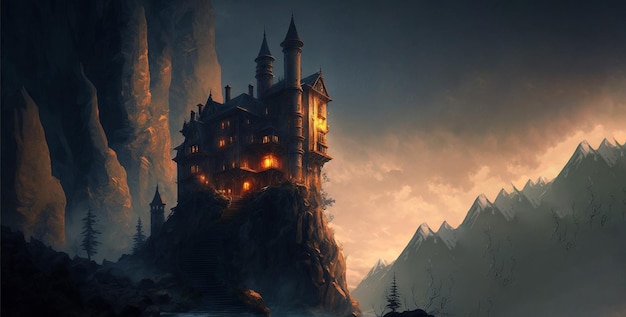 Magic medieval castle on top of mountain Generative AI illustration