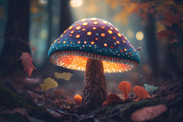 Magic mushroom in the forest colorful background