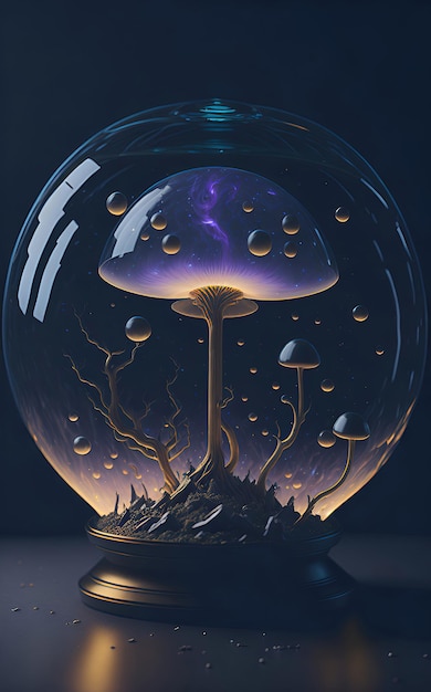 A magic mushroom in a glass ball galaxy cosmos background light rays atmospheric concept art