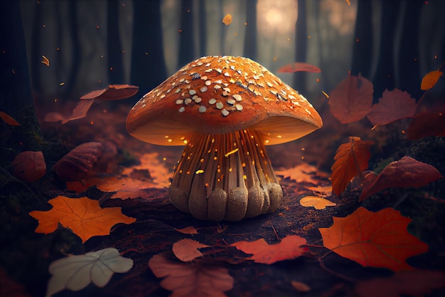 Magic mushroom growing on the forest floor surrounded by fallen leaves created with generative ai