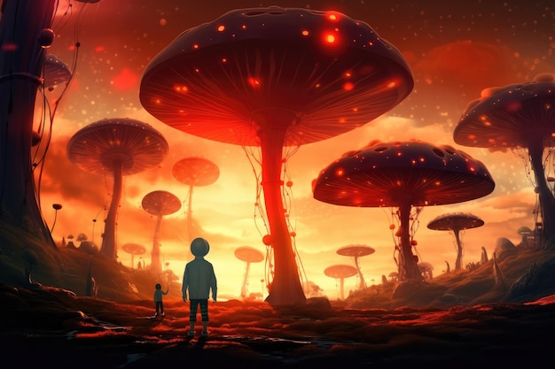 Magic mushroom in the sunny forest with a little boy standing next generative ai