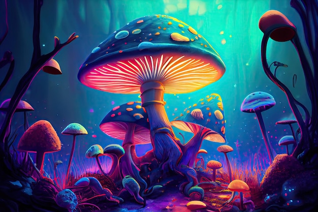 Magic mushroom trip with dreamlike visuals and colors created with generative ai