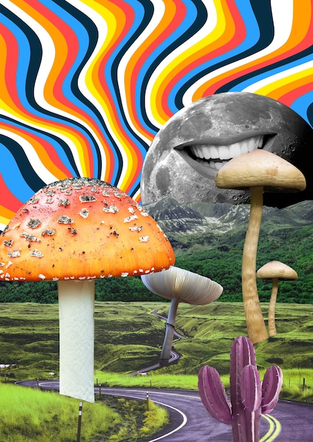 Magic mushrooms collage concept