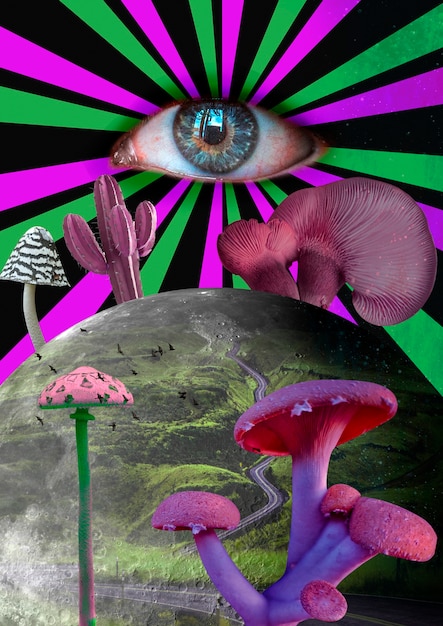 Photo magic mushrooms collage concept