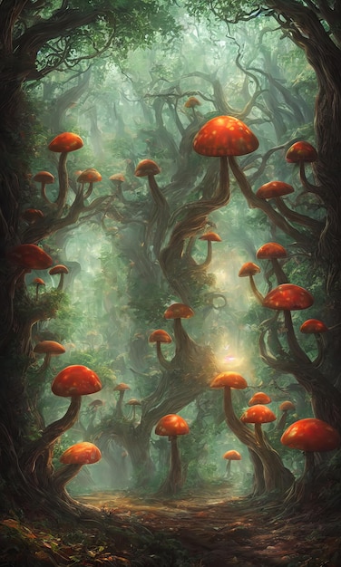 Magic mushrooms fly agaric in the forest a fabulous thicket of
the forest glowing mushrooms fantasy moss 3d illustration