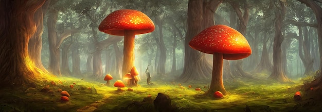 Funghi magici volare agarico nella foresta un favoloso boschetto della foresta illustrazione 3d di muschio di fantasia di funghi luminosi