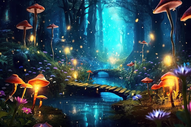 Волшебные грибы в лесу сказочная лесная чаща Светящиеся грибы Генеративная иллюстрация AI