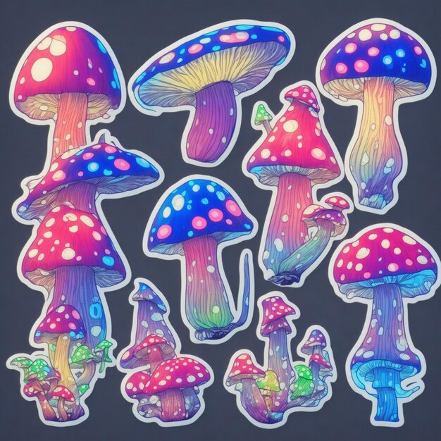 Magic mushrooms Psychedelic hallucination Vibrant vector illustration isolated on white