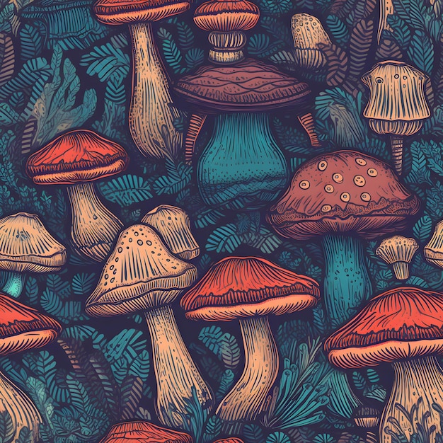 Magic Mushrooms seamless tile Generative AI