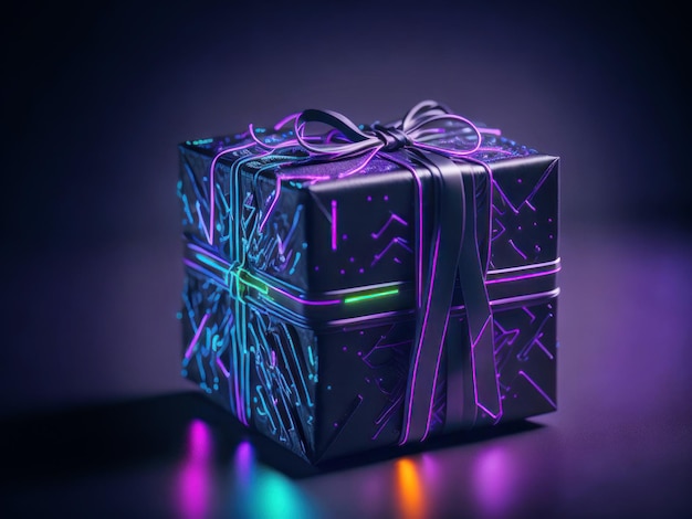 Photo magic neon light cyber punk gift box ai generated