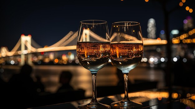 the magic of New Year's Eve with this breathtaking image of guests clinking champagne glasses against the backdrop of a dazzling city skyline Experience the joy and elegance of a new beginning