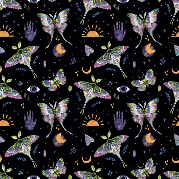 Magic night butterflies Seamless watercolor pattern